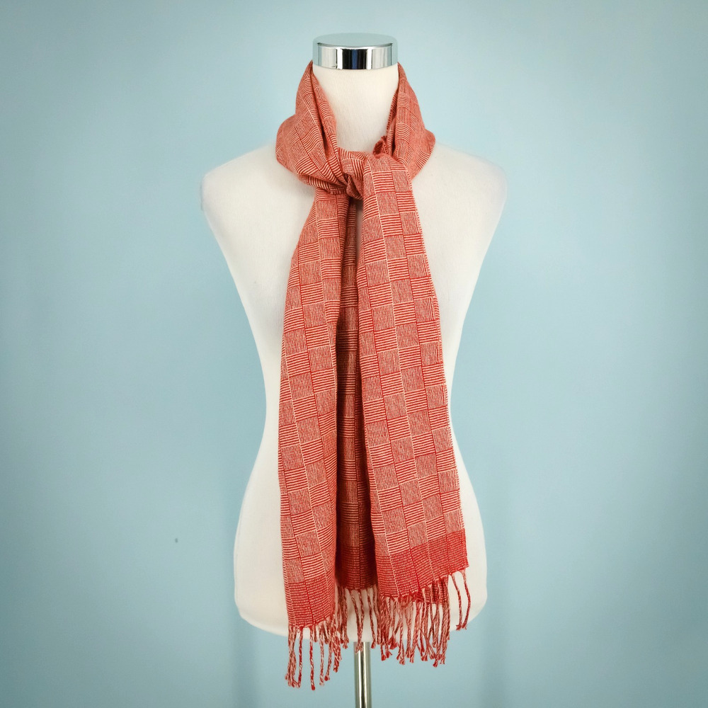 Kuna Red Plaid Print Baby Alpaca Soft Rectangle Fringe Ends Winter Scarf